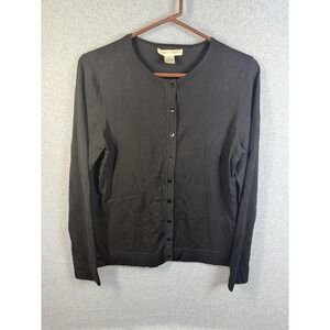 August Silk Cardigan Sweater Womens Large Black Button Front Long Sleeve Top